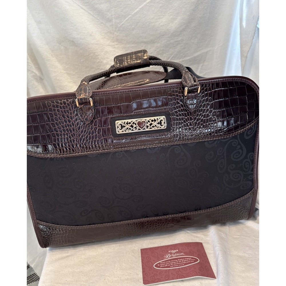 Brighton Lansky Black Brown Croc Leather Weekender Travel Laptop Bag EUC 18x13"